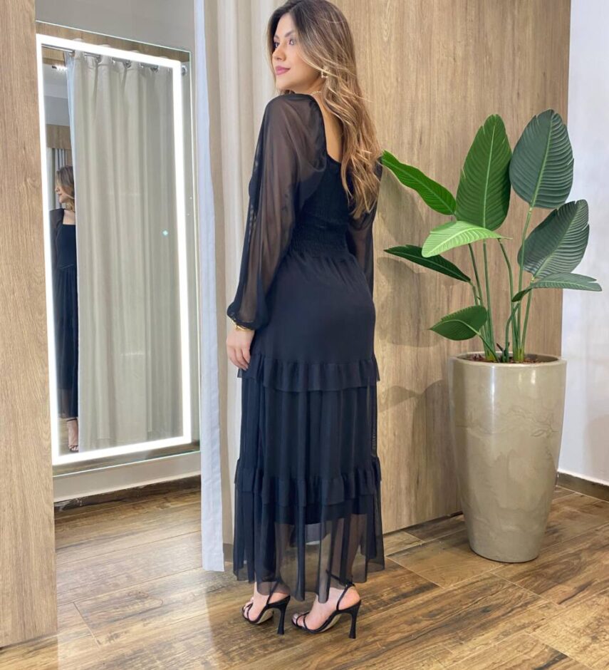 Vestido Midi Ester Tule sem Bojo Manga Longa em Camadas Preto - Fernanda Ramos Store
