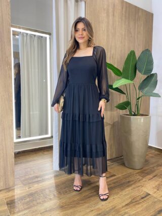 Vestido Midi Ester Tule sem Bojo Manga Longa em Camadas Preto - Fernanda Ramos Store