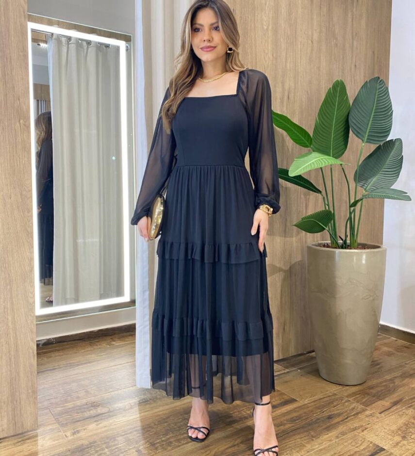 Vestido Midi Ester Tule sem Bojo Manga Longa em Camadas Preto - Fernanda Ramos Store