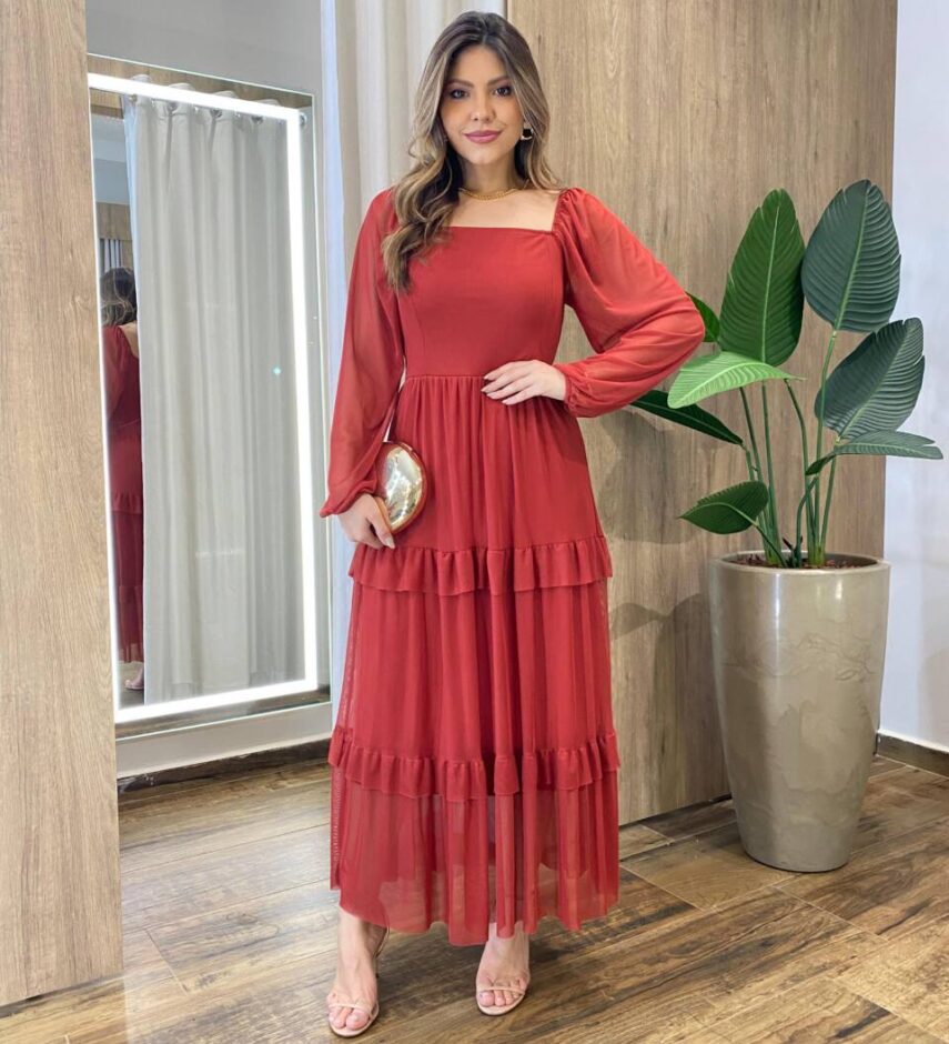 Vestido Midi Ester Tule sem Bojo Manga Longa em Camadas Vermelho - Fernanda Ramos Store