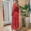 Vestido Midi Ester Tule sem Bojo Manga Longa em Camadas Vermelho - Fernanda Ramos Store