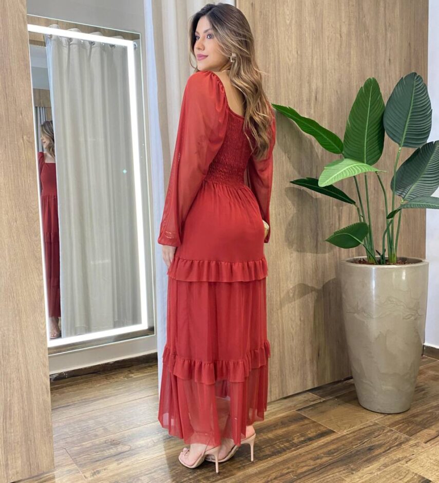 Vestido Midi Ester Tule sem Bojo Manga Longa em Camadas Vermelho - Fernanda Ramos Store