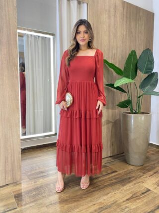 Vestido Midi Ester Tule sem Bojo Manga Longa em Camadas Vermelho - Fernanda Ramos Store