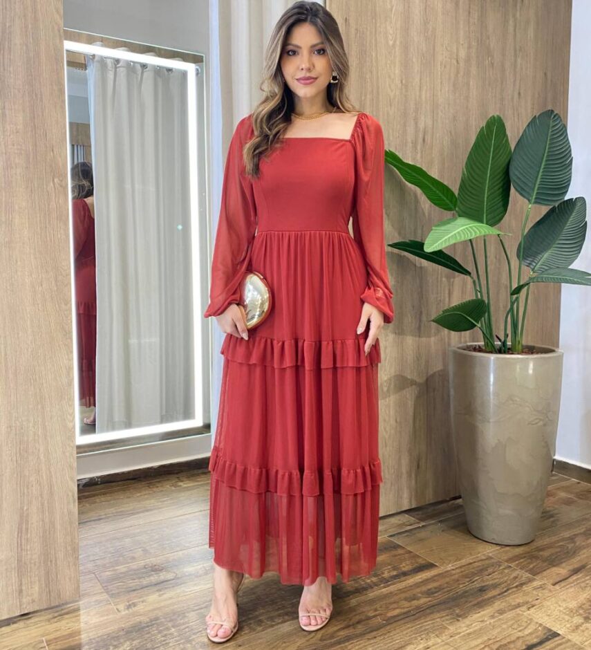 Vestido Midi Ester Tule sem Bojo Manga Longa em Camadas Vermelho - Fernanda Ramos Store