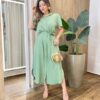 Vestido Midi Manuela sem Bojo Manga Curta com Amarração Verde - Fernanda Ramos Store
