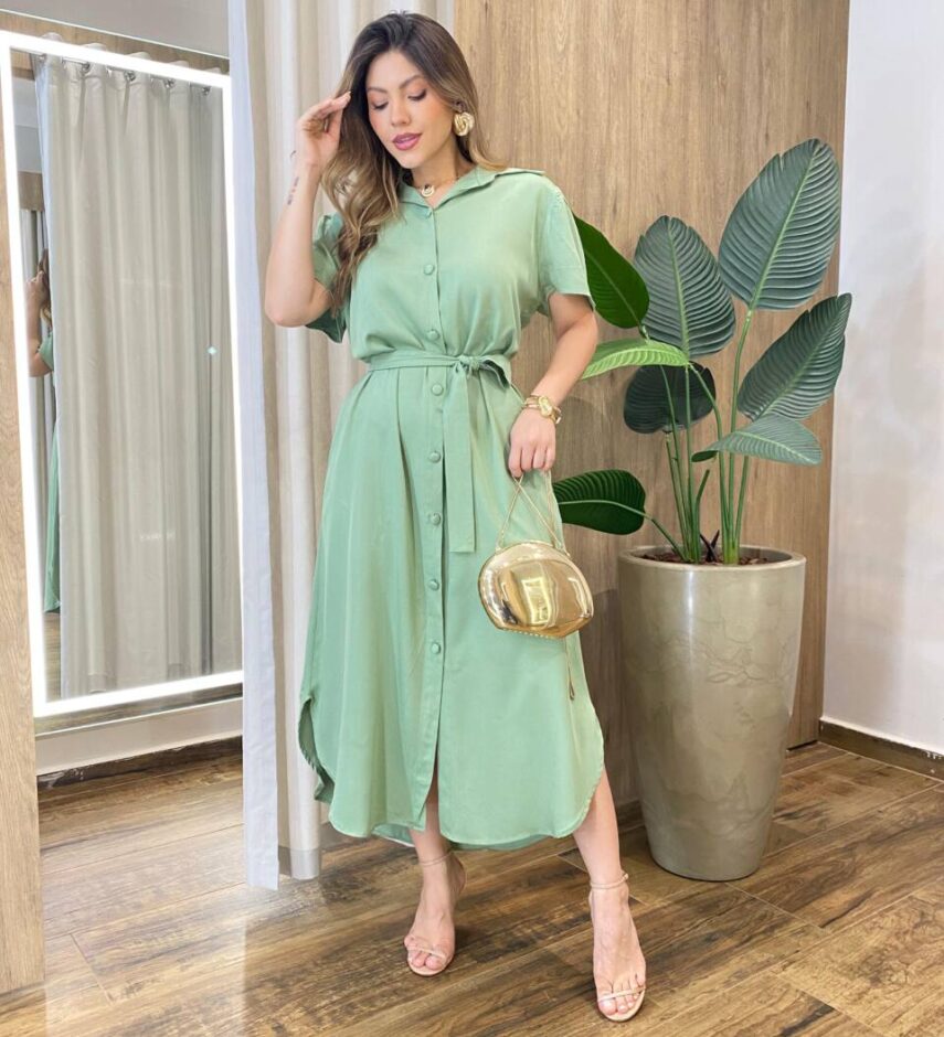 Vestido Midi Manuela sem Bojo Manga Curta com Amarração Verde - Fernanda Ramos Store