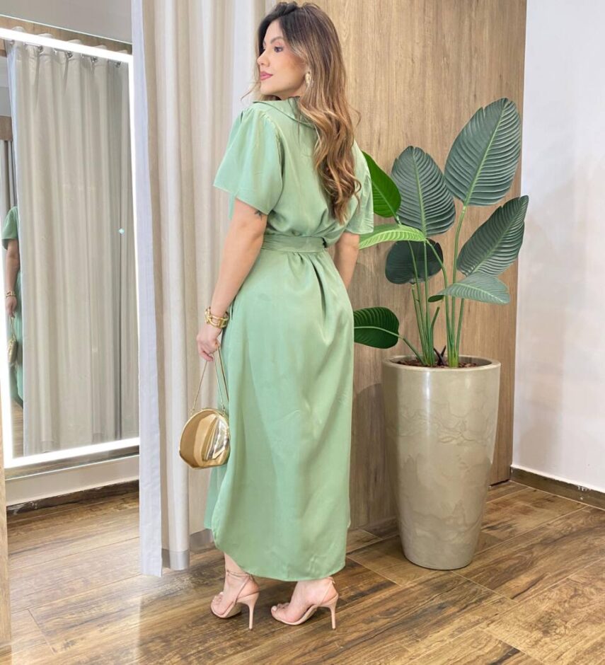 Vestido Midi Manuela sem Bojo Manga Curta com Amarração Verde - Fernanda Ramos Store