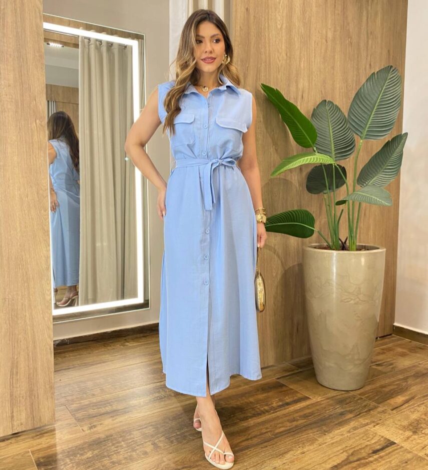 Vestido Midi Ruth sem Bojo Fechamento em Botões e Amarração Azul - Fernanda Ramos Store