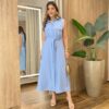 Vestido Midi Ruth sem Bojo Fechamento em Botões e Amarração Azul - Fernanda Ramos Store