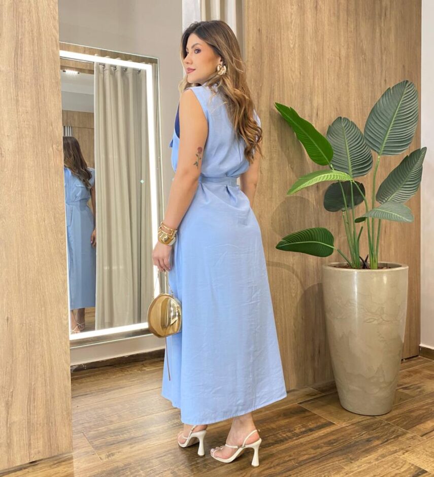 Vestido Midi Ruth sem Bojo Fechamento em Botões e Amarração Azul - Fernanda Ramos Store