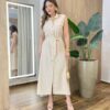 Vestido Midi Ruth sem Bojo Fechamento em Botões e Amarração Bege - Fernanda Ramos Store