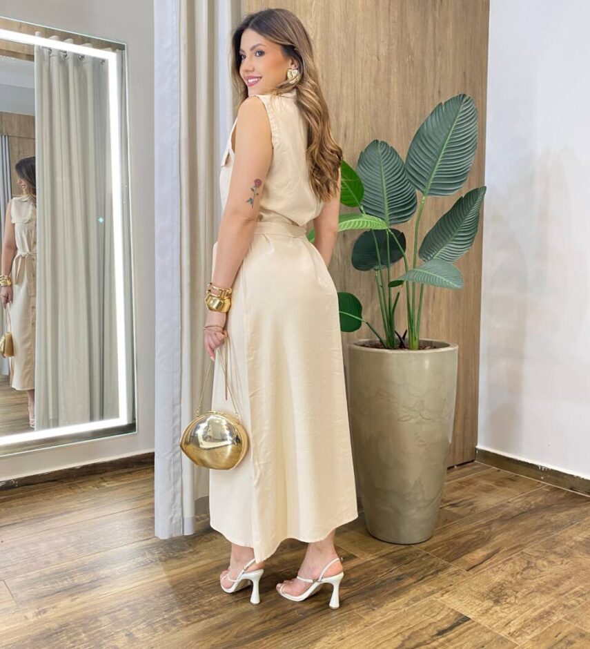 Vestido Midi Ruth sem Bojo Fechamento em Botões e Amarração Bege - Fernanda Ramos Store