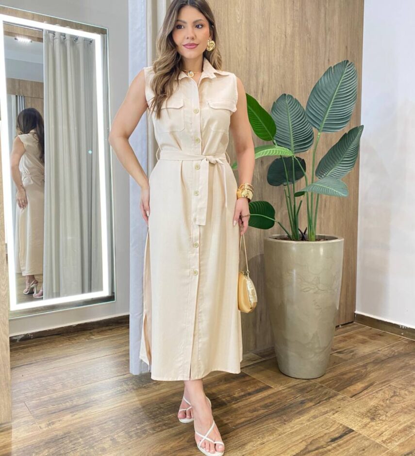Vestido Midi Ruth sem Bojo Fechamento em Botões e Amarração Bege - Fernanda Ramos Store