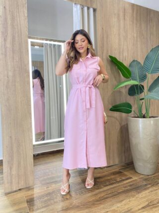 Vestido Midi Ruth sem Bojo Fechamento em Botões e Amarração Rosa - Fernanda Ramos Store