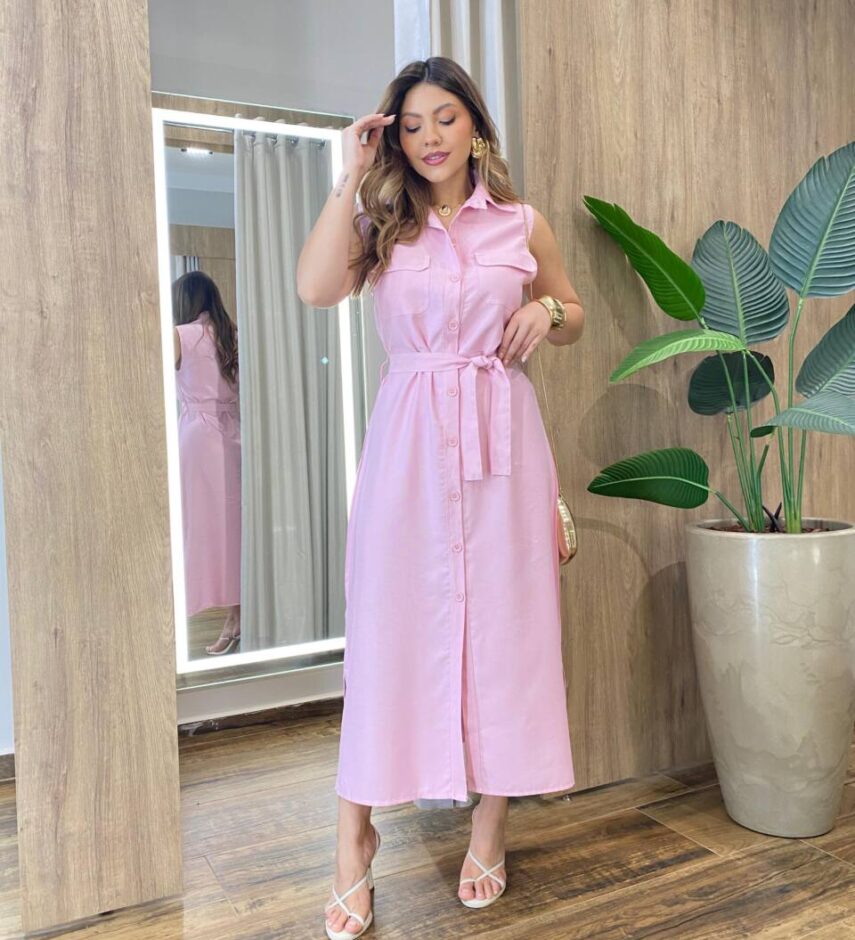 Vestido Midi Ruth sem Bojo Fechamento em Botões e Amarração Rosa - Fernanda Ramos Store