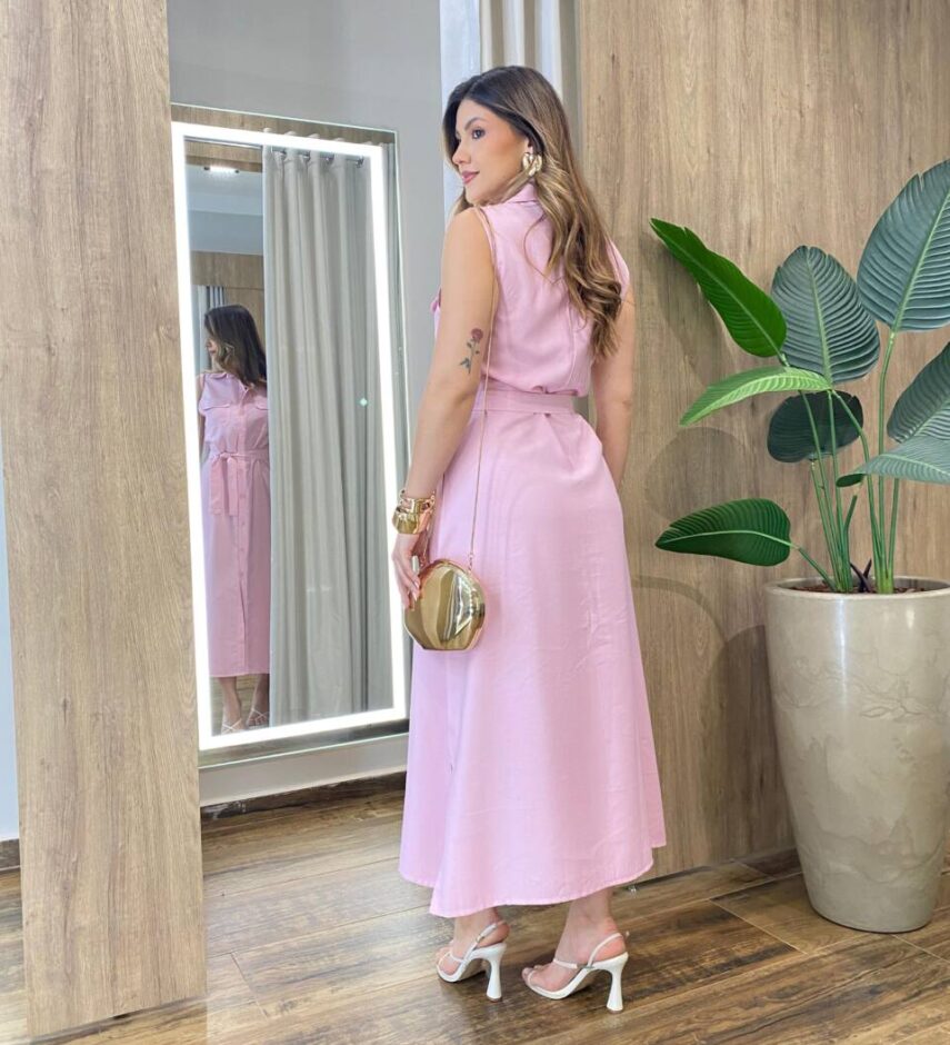 Vestido Midi Ruth sem Bojo Fechamento em Botões e Amarração Rosa - Fernanda Ramos Store