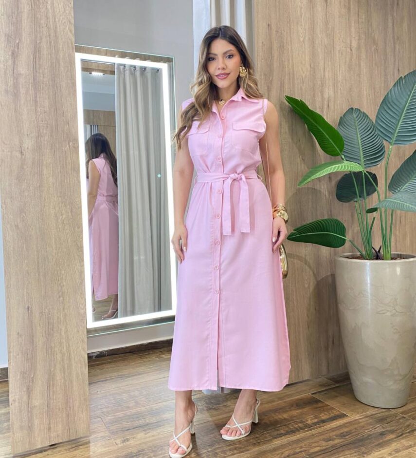 Vestido Midi Ruth sem Bojo Fechamento em Botões e Amarração Rosa - Fernanda Ramos Store