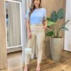 Blusa Feminina Antonella Manga Curta Bordado na Manga Azul - Fernanda Ramos Store