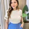 Blusa Feminina Antonella Manga Curta Bordado na Manga Nude - Fernanda Ramos Store