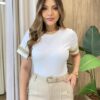 Blusa Feminina Antonella Manga Curta Bordado na Manga Off White - Fernanda Ramos Store