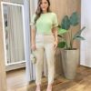 Blusa Feminina Antonella Manga Curta Bordado na Manga Verde - Fernanda Ramos Store