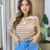 Blusa Feminina Decote V Gola Listrada Nude com Caramelo - Fernanda Ramos Store