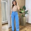 Blusa Feminina Decote V Gola Listrada Nude com Caramelo - Fernanda Ramos Store
