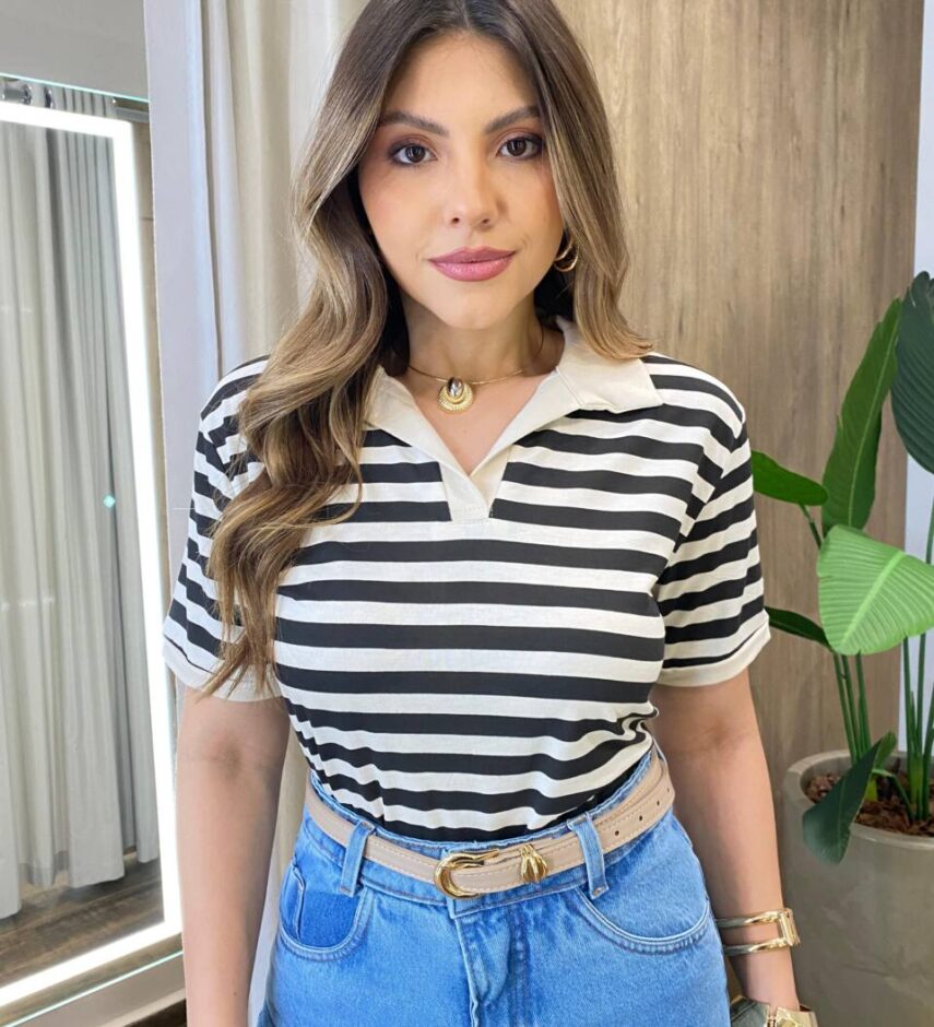 Blusa Feminina Decote V Gola Listrada Nude com Preto - Fernanda Ramos Store