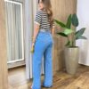 Blusa Feminina Decote V Gola Listrada Nude com Preto - Fernanda Ramos Store