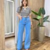 Blusa Feminina Decote V Gola Listrada Nude com Preto - Fernanda Ramos Store