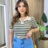 Blusa Feminina Decote V Gola Listrada Nude com Verde - Fernanda Ramos Store