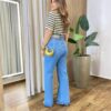 Blusa Feminina Decote V Gola Listrada Nude com Verde - Fernanda Ramos Store