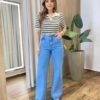 Blusa Feminina Decote V Gola Listrada Nude com Verde - Fernanda Ramos Store