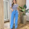 Blusa Feminina Fafá Manga Curta Gola Dobrável Listrada Azul - Fernanda Ramos Store