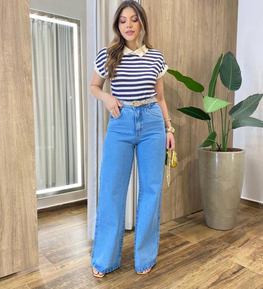 Blusa Feminina Fafá Manga Curta Gola Dobrável Listrada Azul - Fernanda Ramos Store