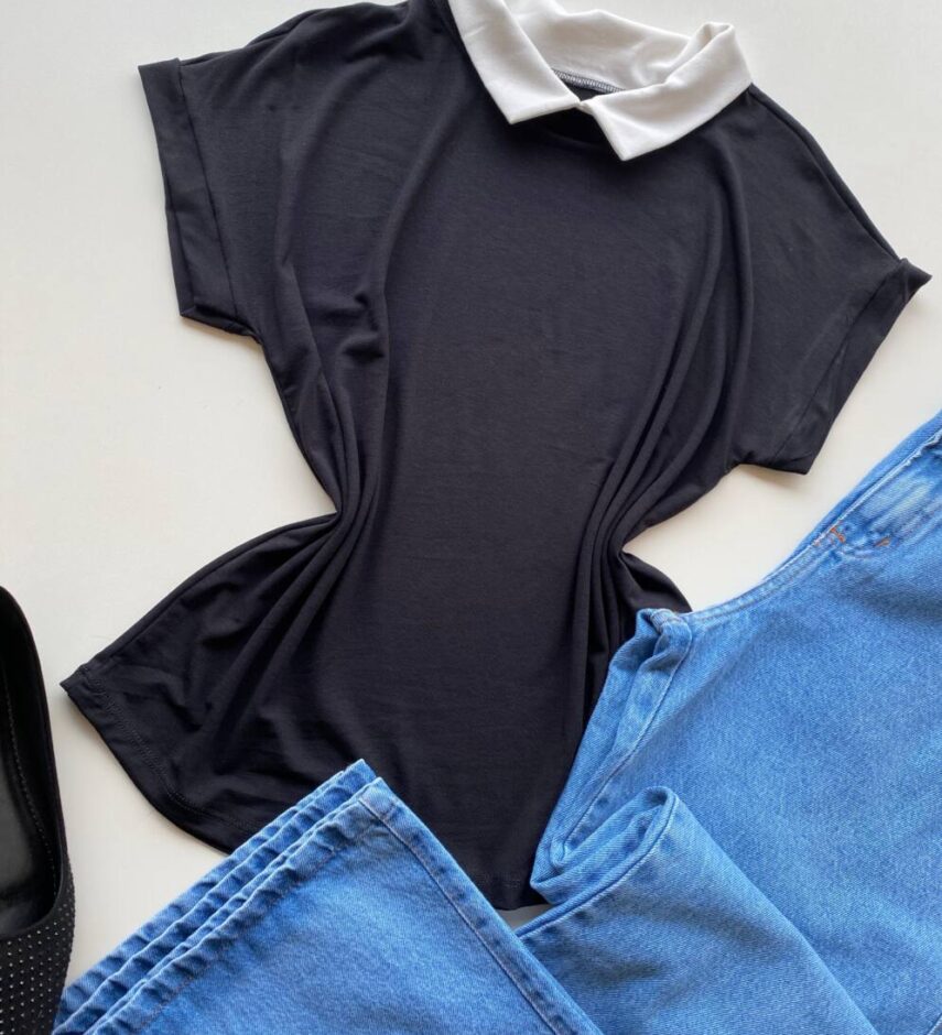 Blusa Feminina Fafá Manga Curta Gola Dobrável Preta - Fernanda Ramos Store