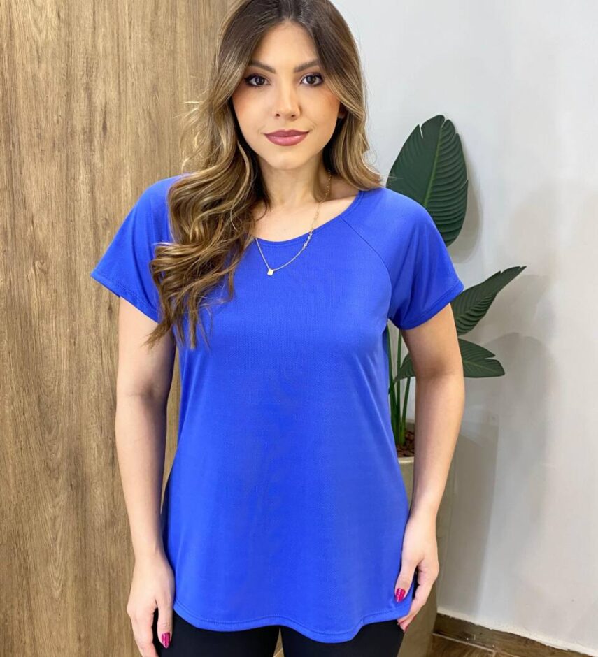 Blusa Feminina Fitness Manga Curta sem Bojo Azul Royal - Fernanda Ramos Store