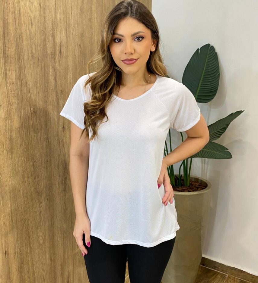 Blusa Feminina Fitness Manga Curta sem Bojo Branca - Fernanda Ramos Store