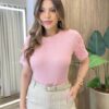 Blusa Feminina Floflo Manga Curta Bordado na Manga Rosa - Fernanda Ramos Store