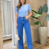 Blusa Feminina Manga Curta Leia com Detalhes em Bordado Azul - Fernanda Ramos Store