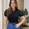 Blusa Feminina Manga Curta Leia com Detalhes em Bordado Preta - Fernanda Ramos Store