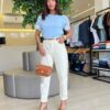 Blusa Feminina Milena Manga Curta Bordado em Flor Azul - Fernanda Ramos Store