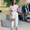 Blusa Feminina Milena Manga Curta Bordado em Flor Rosa Claro - Fernanda Ramos Store