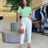 Blusa Feminina Milena Manga Curta Bordado em Flor Verde - Fernanda Ramos Store