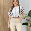 Blusa Feminina Tricot Modal Manga Curta com Detalhes Branca - Fernanda Ramos Store