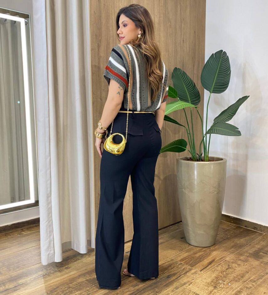 Blusa Feminina Tricot Modal Manga Curta com Detalhes Cinza - Fernanda Ramos Store