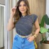 Blusa Tee Muscle Feminina Listrada Branco com Preto - Fernanda Ramos Store