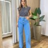 Blusa Tee Muscle Feminina Listrada Branco com Preto - Fernanda Ramos Store
