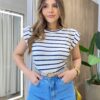 Blusa Tee Muscle Feminina Listrada Off White com Azul - Fernanda Ramos Store
