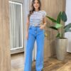 Blusa Tee Muscle Feminina Listrada Off White com Azul - Fernanda Ramos Store